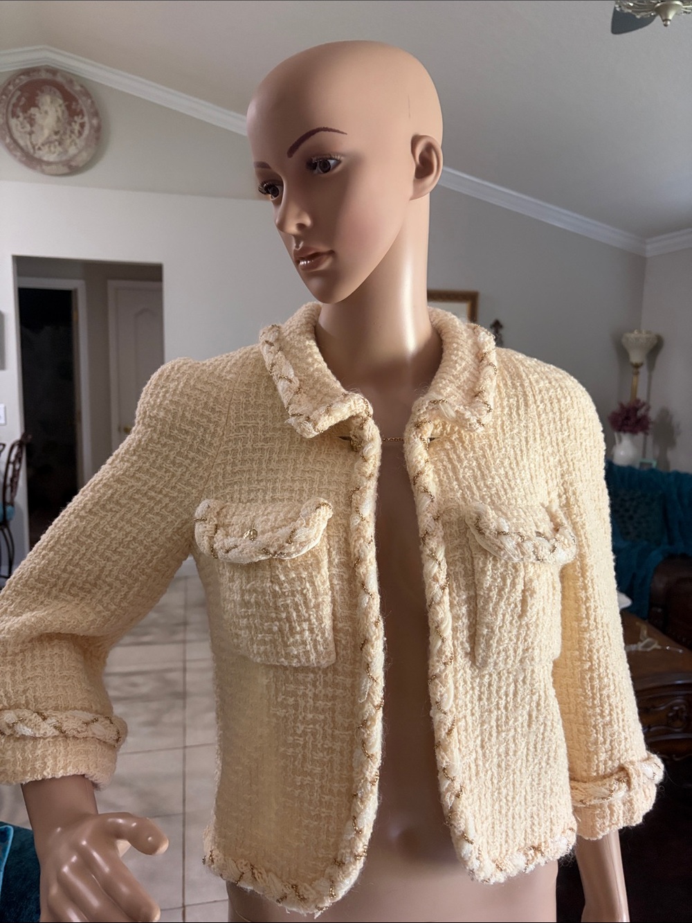 2007 CHANEL Cream Tweed Jacket with Gold-Tone Braid. Original price $4500-$6500.